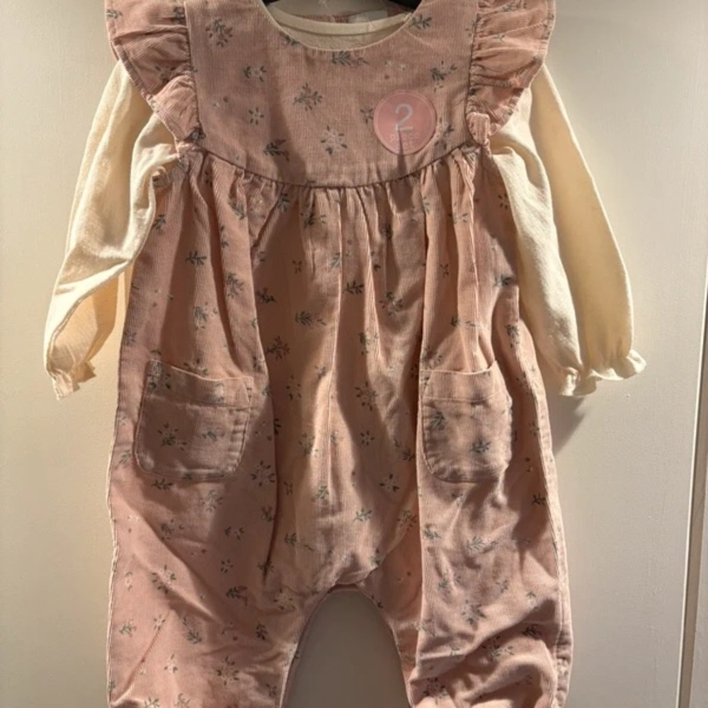 Baby Girls Floral Pink Romper with Cream Long-Sleeve Bodysuit